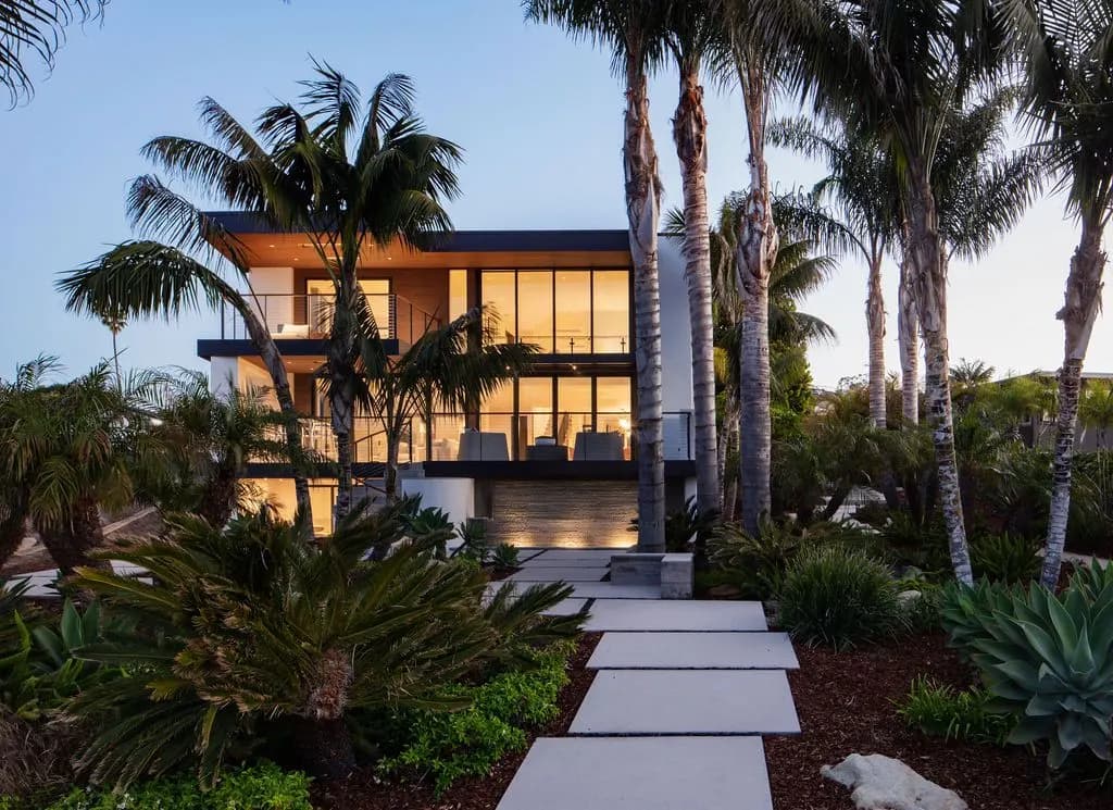 Coastal Santa Barbara residence illuminated at dusk