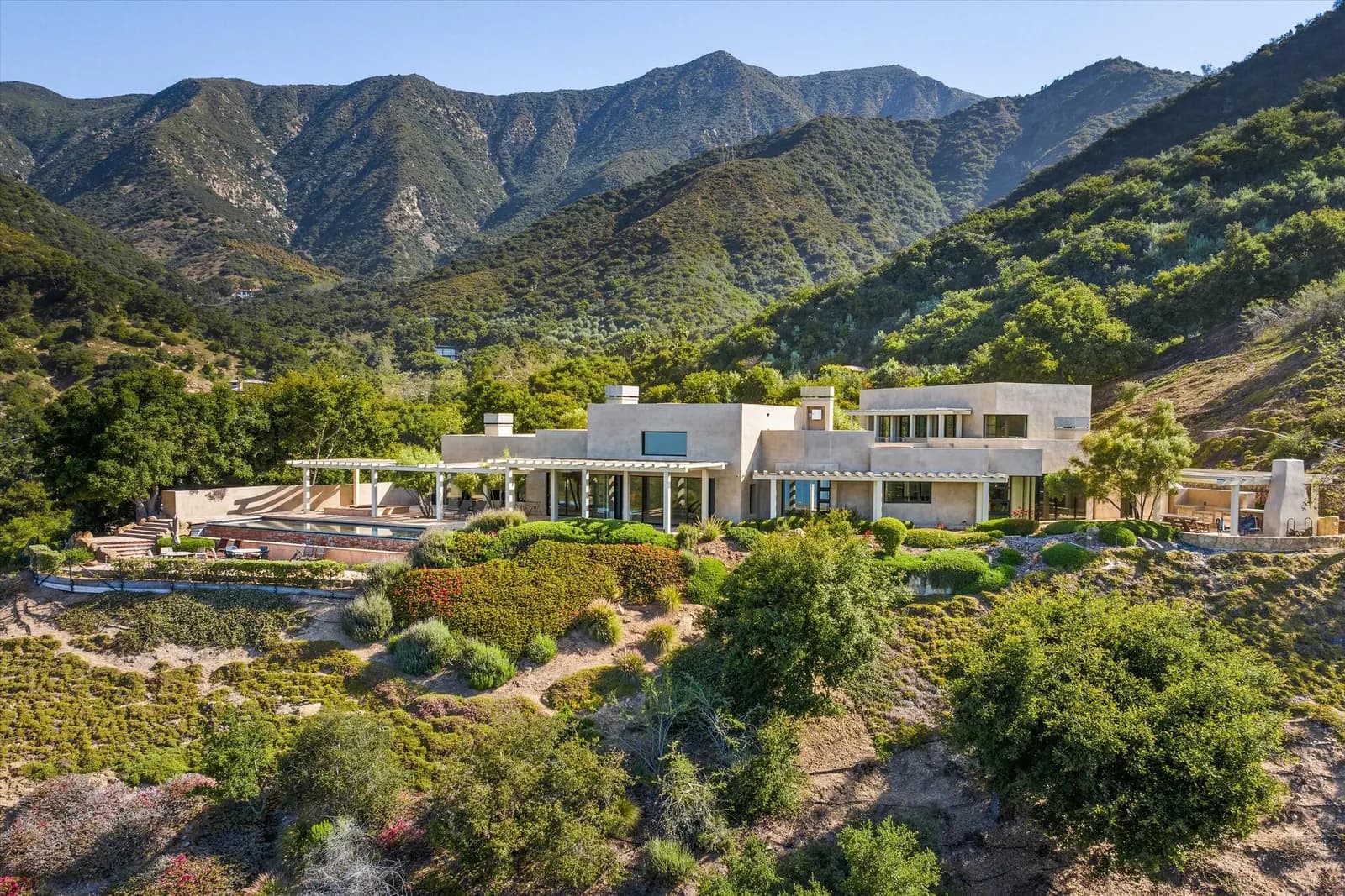 Aerial view of a custom hillside home in Santa Barbara County